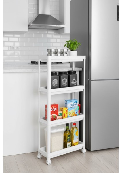 4 Katlı Tekerlekli Çok Amaçlı Slim Raf Düzenleyici, Mutfak Rafı, Banyo Rafı