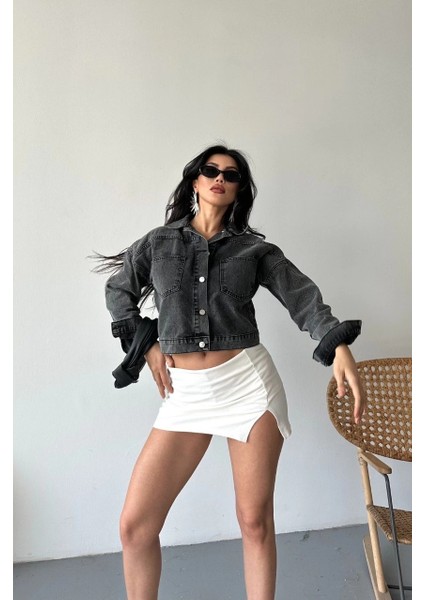 Sptrns Çift Cepli Kol Katlamalı Süper Taş Enzim Yıkama Crop Kot Ceket Füme D2000 (Beden: S) modelleri