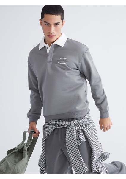 Yeni Sezon Polo Yaka Baskılı Erkek Sweatshirt