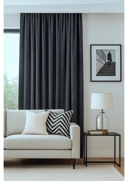 Beksahome Kadife Dokulu Ekstrafor Büzgülü Gri Yüksek 1.sınıf Yüksek Kalite Fon Perde Tek Kanat