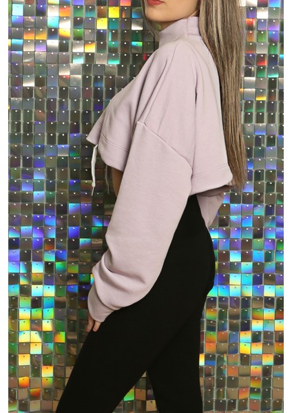 Kadın Baskılı Kuş Gözü Detaylı Kalın Şık Modern Crop Sweatshirt fiyatları