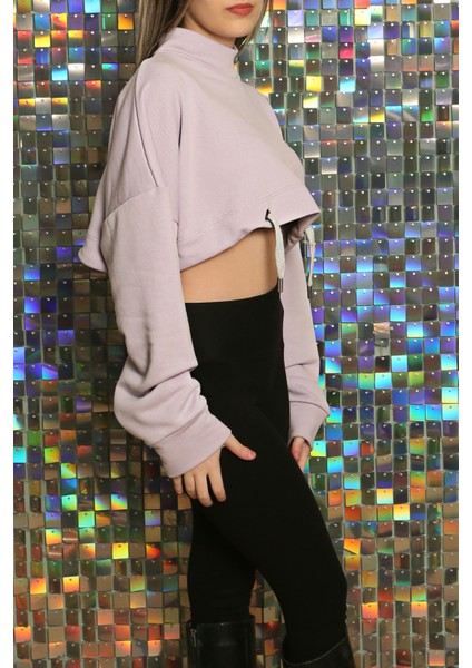 Kadın Baskılı Kuş Gözü Detaylı Kalın Şık Modern Crop Sweatshirt modelleri