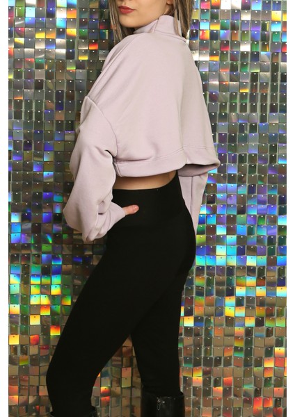 Kadın Baskılı Kuş Gözü Detaylı Kalın Şık Modern Crop Sweatshirt fırsatları