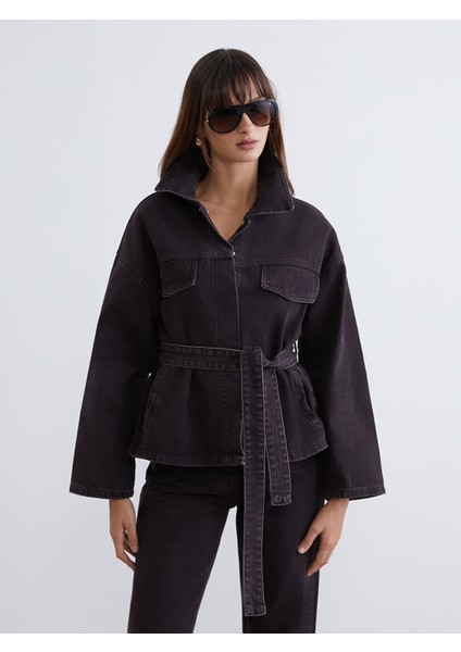 Yeni Sezon Gömlek Yaka Beli Kuşaklı Kadın Jean Ceket
