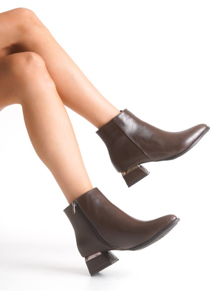 Kısa Topuklu Fermuarlı Sade Klasik Kısa Kadın Acı Kahve Bot Bootie modelleri