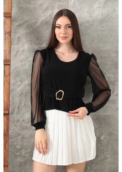 Yzlal Tokalı Tül Kollu Bluz Siyah T4071 (Beden: S)