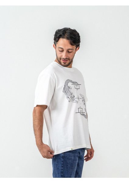 Unisex Erkek/Kadın Oversize Bisiklet Yaka %100 Pamuk Timsah Baskılı T-Shirt fiyatları