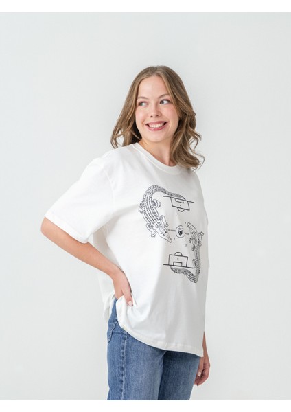 Unisex Erkek/Kadın Oversize Bisiklet Yaka %100 Pamuk Timsah Baskılı T-Shirt fırsatları