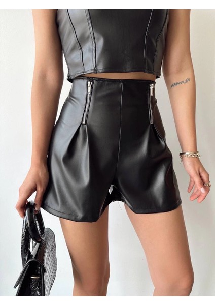 Sptrns Çift Fermuarlı Deri Şort H24394 Siyah (Beden: L) indirimleri