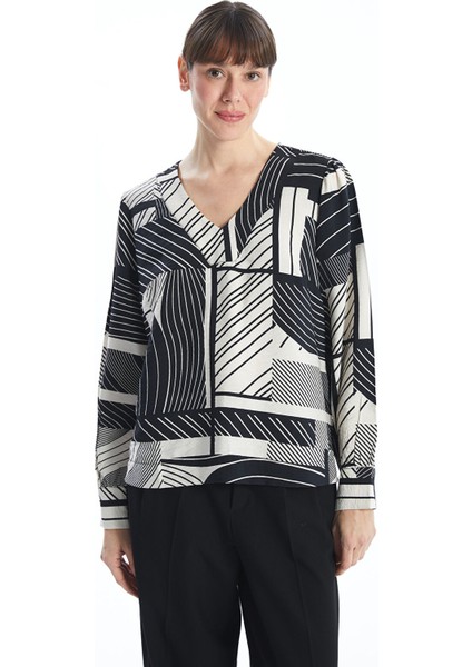 Yeni Sezon V Yaka Desenli Kadın Bluz