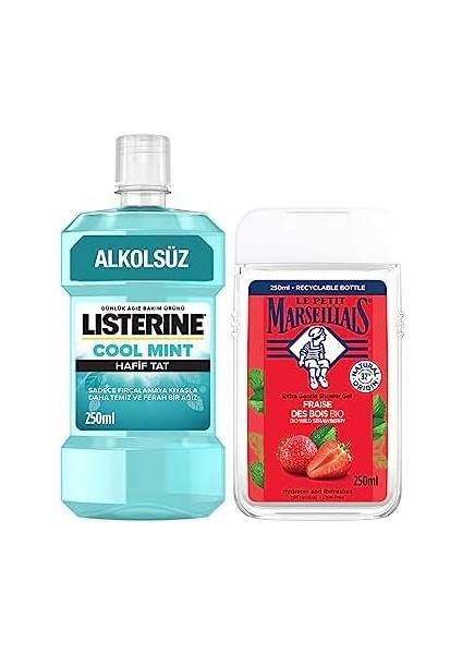 Le Petit Marseillais Duş Jeli Akdeniz Çileği 250 ml + Listerine Cool Mint Ağız Bakım Suyu Hafif Tat 250 ml