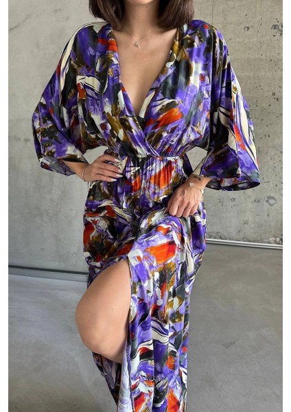 Yzlal Dokuma Baskılı Yarasa Kol Elbise S8124 Mor (Beden: S) modelleri