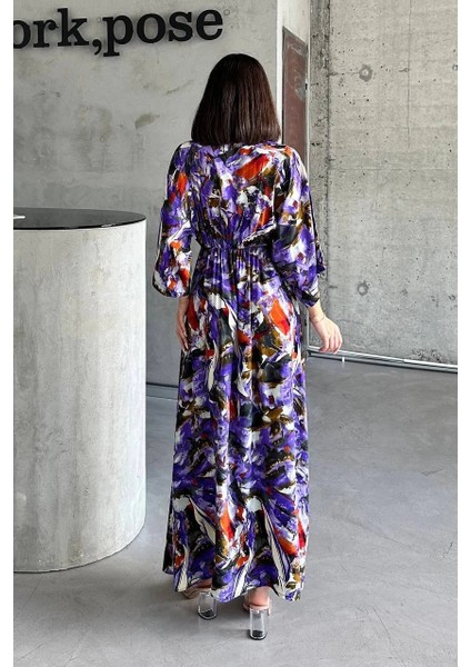 Yzlal Dokuma Baskılı Yarasa Kol Elbise S8124 Mor (Beden: S) fırsatları