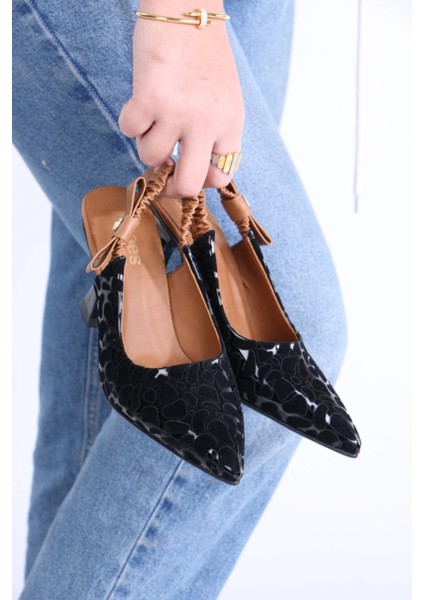 Yzlal Toran Siyah Rugan Siyah Süet Detaylı Topuklu Ayakkabı (Numara: 37)