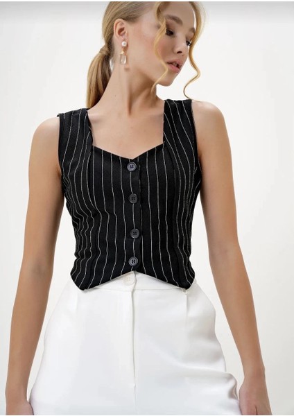 Yzlal Çizgili Krep Düğmeli Yelek Siyah S3395 (Beden: Xl) fiyatları
