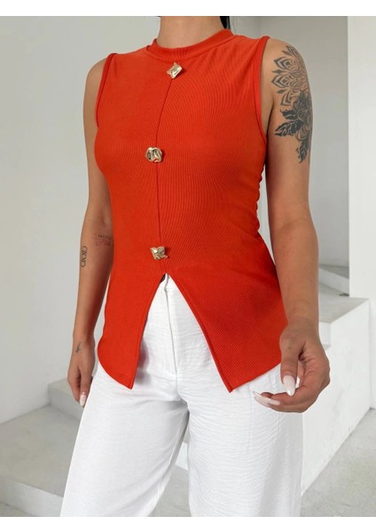 Yzlal Kadın Turuncu Bisiklet Yaka Gold Düğmeli Ottoman Bluz S2310 (Beden: S)