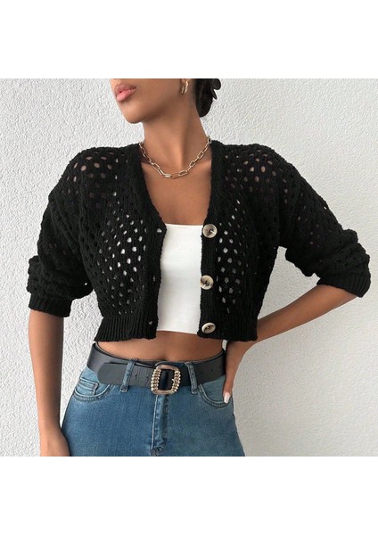 Sptrns Büyük Düğmeli Delikli Hırka Siyah (Beden: Standart)