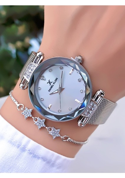 Orijinal Çelik Hasır Kordon Kadın Kol Saati 3 Atm Su Geçirmezlik Gümüş Renk Bileklik Hediyeli DK951C2