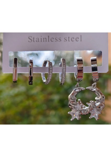 Çelik Ay Dede Şekilli Çoklu Küpe Seti