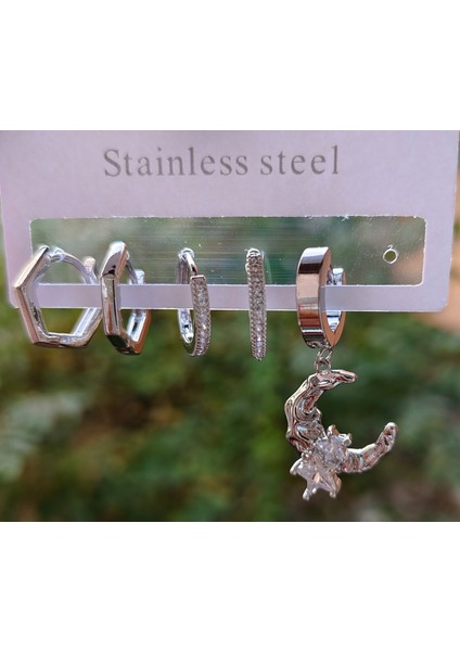 Çelik Ay Dede Şekilli Çoklu Küpe Seti modelleri