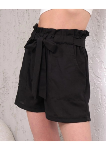 Yzlal Kuşaklı Keten Şort Siyah S255265 (Beden: S) fırsatları
