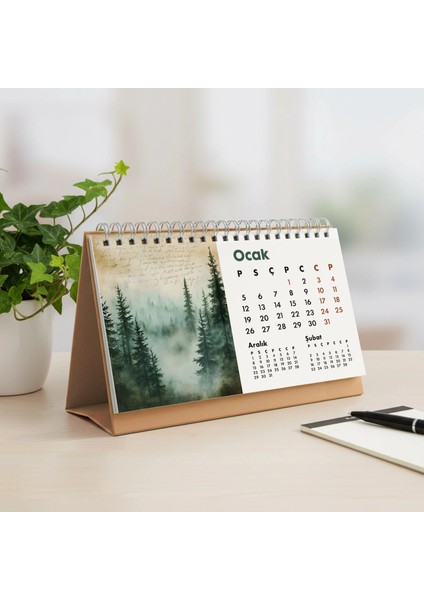 2026 Orman Masa Takvimi | Üç Aylık Takvim - Önceki Ay Sonraki Ay | Doğa ve Ağaç Illüstrasyonları | Minimal Ofis ve Ev Dekoru