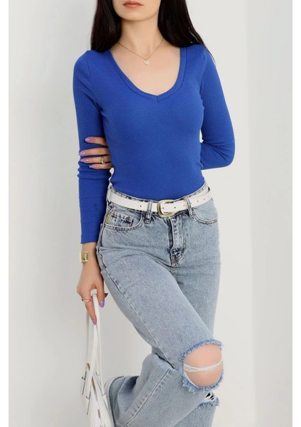 Sptrns V Yaka Kaşkorse Bluz Saks Mavisi A3699 (Beden: L) modelleri