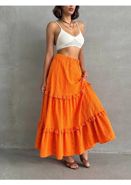 Yzlal Fırfırlı Brodeli Astarlı Uzun Etek Turuncu S255047 (Beden: L)