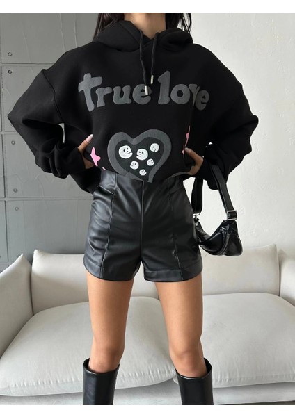 Yzlal 3 Iplik Şardonlu Oversize True Baskılı Sweat Siyah (Beden: M) fırsatları