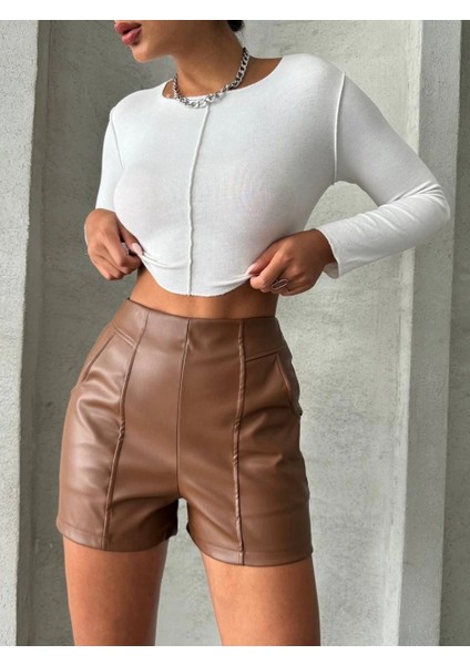 Yzlal Parçalı Cepli Deri Şort Taba W26312 (Beden: Xl)