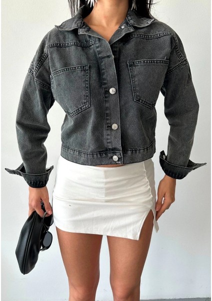 Yzlal Çift Cepli Kol Katlamalı Süper Taş Enzim Yıkama Crop Kot Ceket Füme D2000 (Beden: S) fırsatları