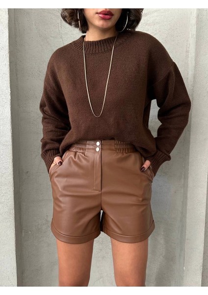 Yzlal Beli Lastikli Çıtçıtlı Deri Şort Kahve W241007 (Beden: S)