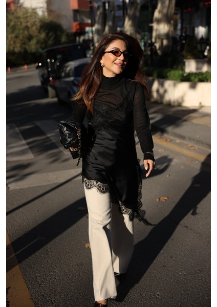 Asimetrik Kesim Dantelli Saten Bluz