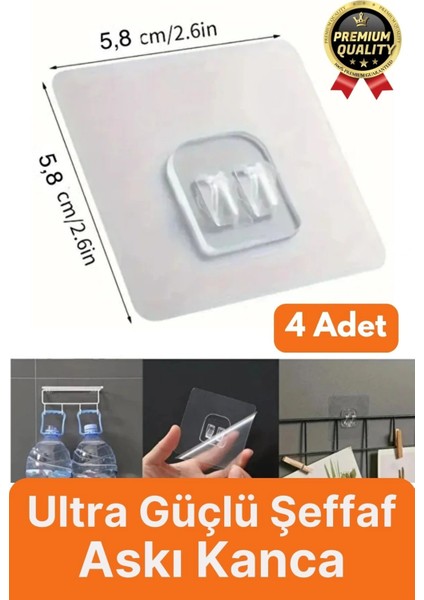 4 Adet Ultra Güçlü Suya Dayanıklı Iz Bırakmaz Şeffaf Mutfak Banyo Tablo Raf Ayna Tutucu Askı Kanca