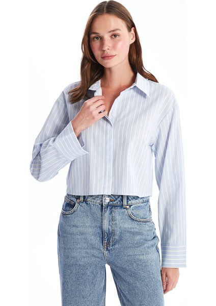Yeni Sezon Çizgili Crop Poplin Kadın Gömlek