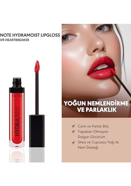 Note Hydramoist Lipgloss 09 Heartbreaker Nemlendirici Dudak Parlatıcısı, Kırmızı