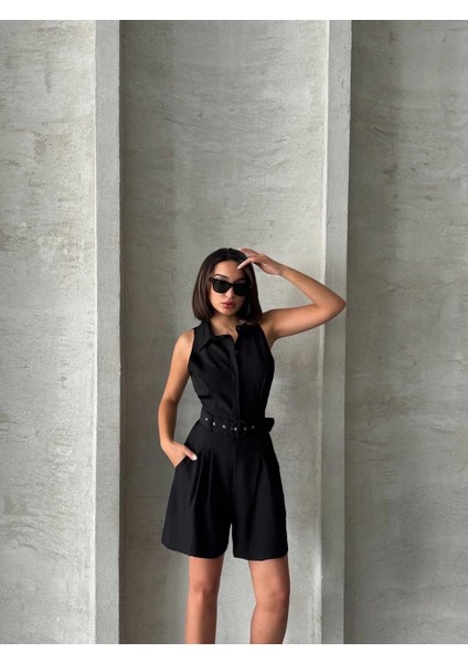 Yzlal Yakalı Şort Tulum Siyah (Beden: M) indirimleri