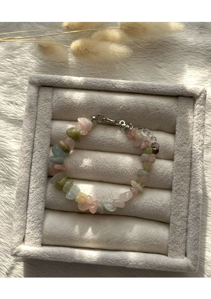 Kırık Morganit Taşı Çelik Bileklik El Yapımı