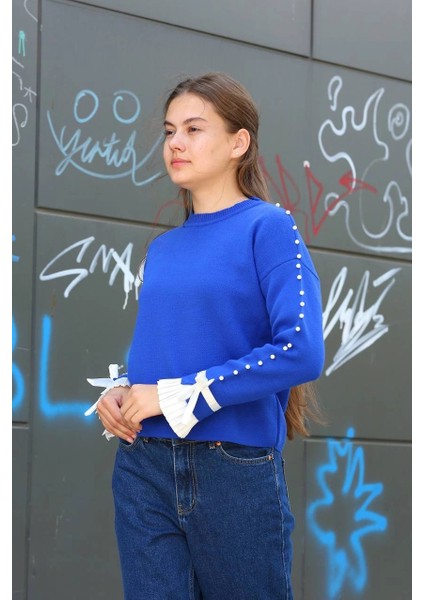 Yzlal Boncuklu Bile Detaylı Kazak Saks Mavisi (Beden: Standart) modelleri