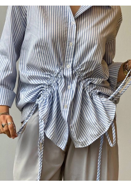 Yzlal Önü Büzgü Detaylı Çizgili Gömlek Mavi (Beden: S) modelleri