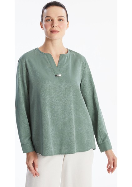 Yeni Sezon V Yaka Çiçekli Uzun Kollu Kadın Bluz