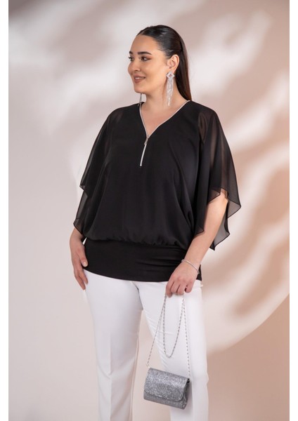 Kadın 3330365 Fermuarlı Şifon Bluz Siyah fiyatları