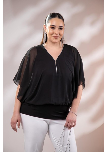 Kadın 3330365 Fermuarlı Şifon Bluz Siyah indirimleri