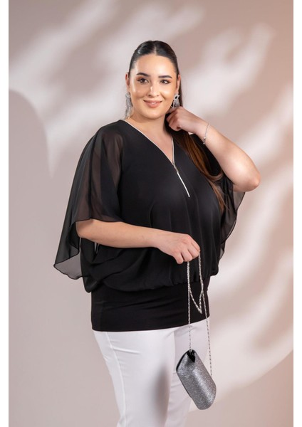 Kadın 3330365 Fermuarlı Şifon Bluz Siyah
