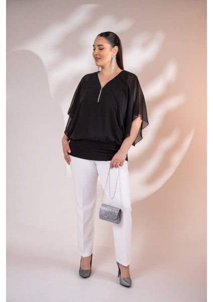 Kadın 3330365 Fermuarlı Şifon Bluz Siyah