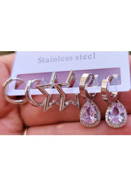 Damla Taşlı, Yıldız Detaylı Çelik Çoklu Küpe Seti