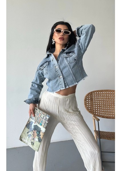 Sptrns Çift Kapaklı Püsküllü Crop Buz Mavi D2002 (Beden: S)