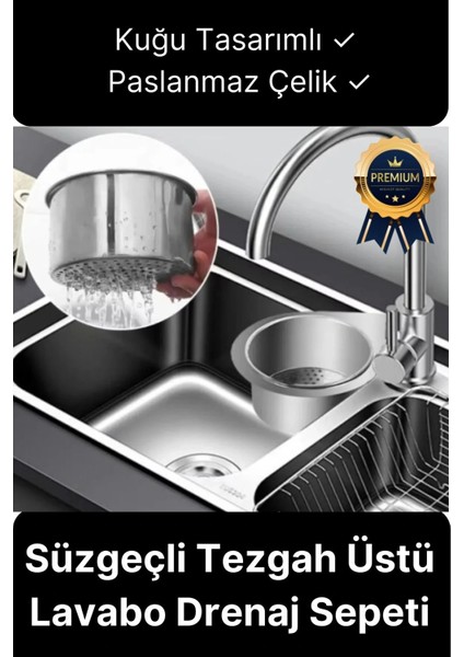 Premium Modern Paslanmaz Çelik Kuğu Tasarımlı Süzgeçli Asılabilen Tezgah Üstü Lavabo Drenaj Sepeti