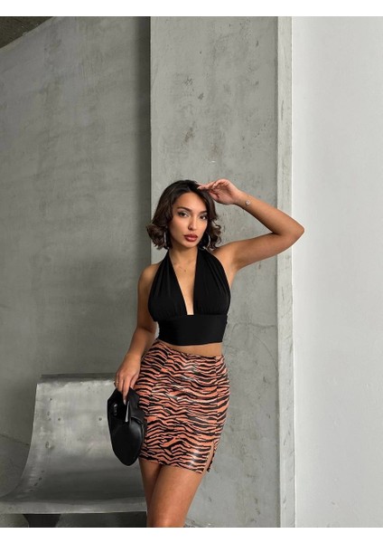 Yzlal Tek Yırtmaçlı Zebra Desenli Deri Etek Kahvesiyah W24475-S (Beden: Xl) modelleri