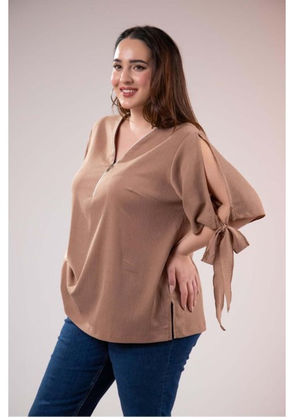 Kadın Büyük Beden Bürümcüklü Kahverengi Bluz